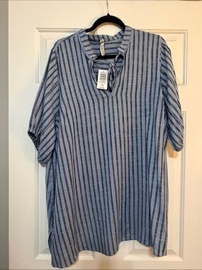 torrid Blue and White Striped Tie-Neck Balloon Sleeve Blouse